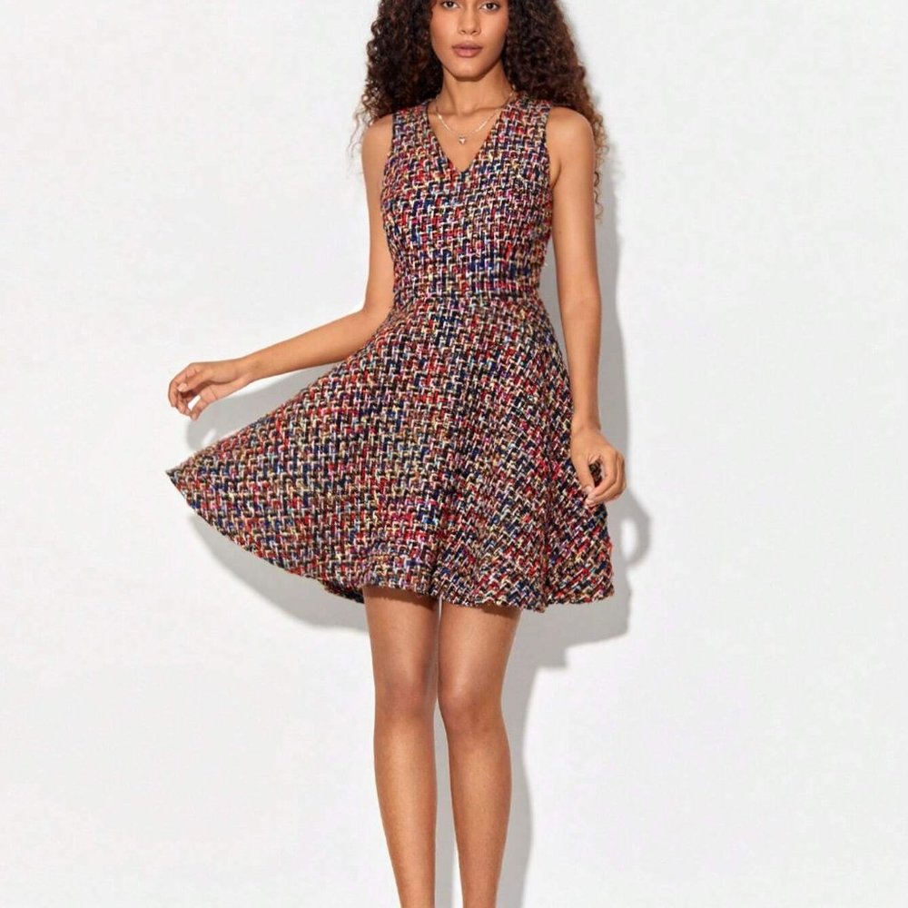 Multicolor Preppy Womens Allover Print V Neck Dress - Picture 4 of 5